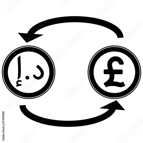 Vector graphic of UAE Dirham and the Pound Sterling icons with arrows circulating between them to denote foreign currency exchange between the two currencies.