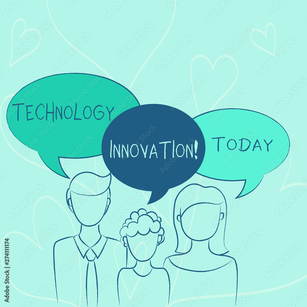 Word writing text Technology Innovation. Business photo showcasing significant technical changes of product and processes Family of One Child Between Father and Mother and Their Own Speech Bubble Word writing text Technology Innovation. Business photo showcasing significant technical changes of product and processes Family of One Child Between Father and Mother and Their Own Speech Bubble