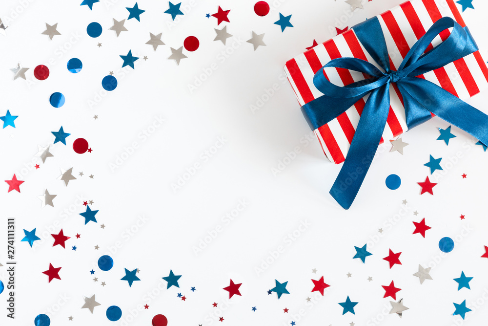 4th of July American Independence Day. Happy Independence Day, decorations on white background. Flat lay, top view, copy space 4th of July American Independence Day. Happy Independence Day, decorations on white background. Flat lay, top view, copy space
