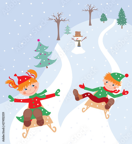 Cheerful children riding in a sleigh from an ice slope