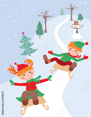 Cheerful kids riding in a sleigh from an ice slide