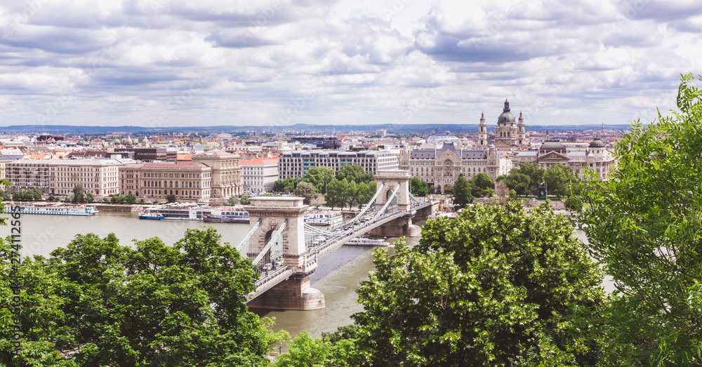 Chain bridge on Danube river in Budapest city. Hungary. Urban landscape panorama with old buildings