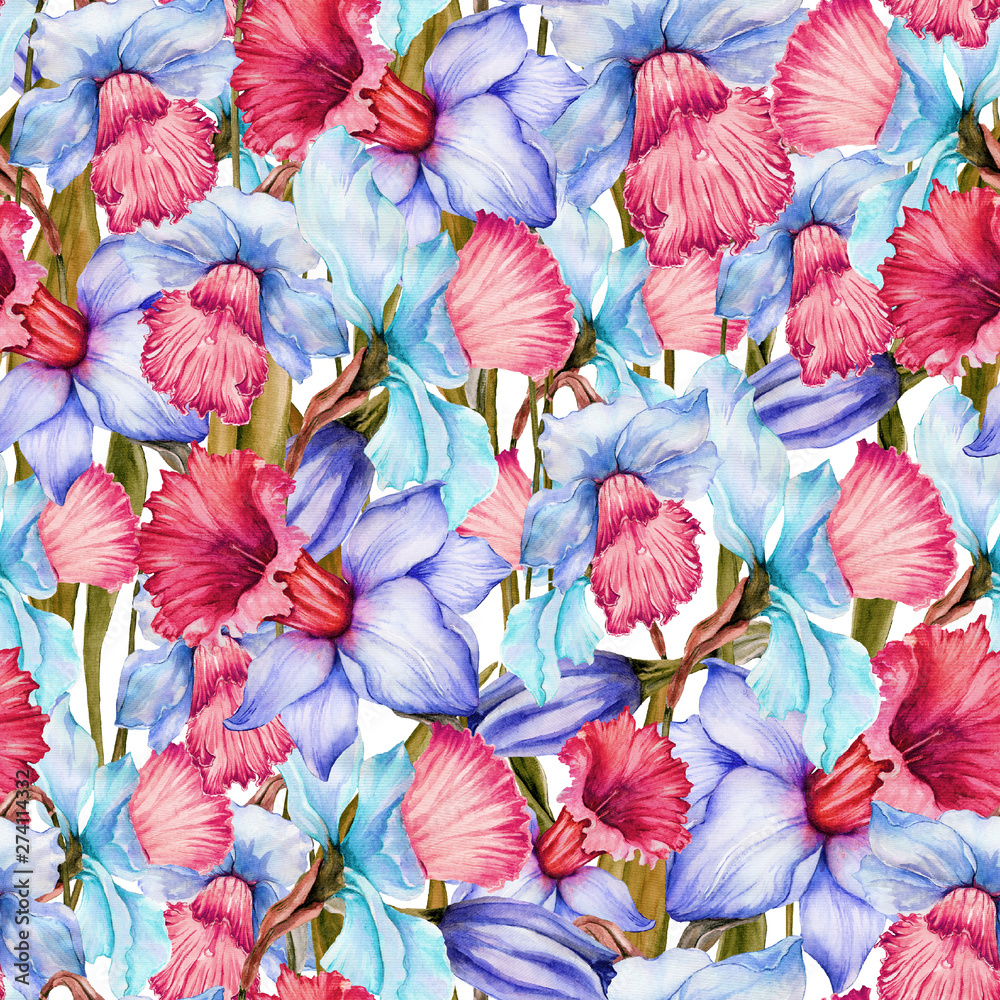 custom made wallpaper toronto digitalBeautiful narcissus flowers in seamless floral pattern. Bright spring background. Watercolor painting. Hand painted botanical illustration. Wallpaper, textile, bedding design.