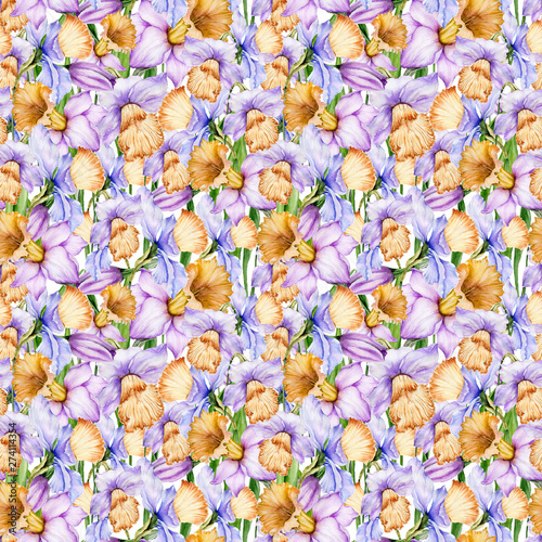 Beautiful narcissus flowers in seamless floral pattern. Bright spring backgro...