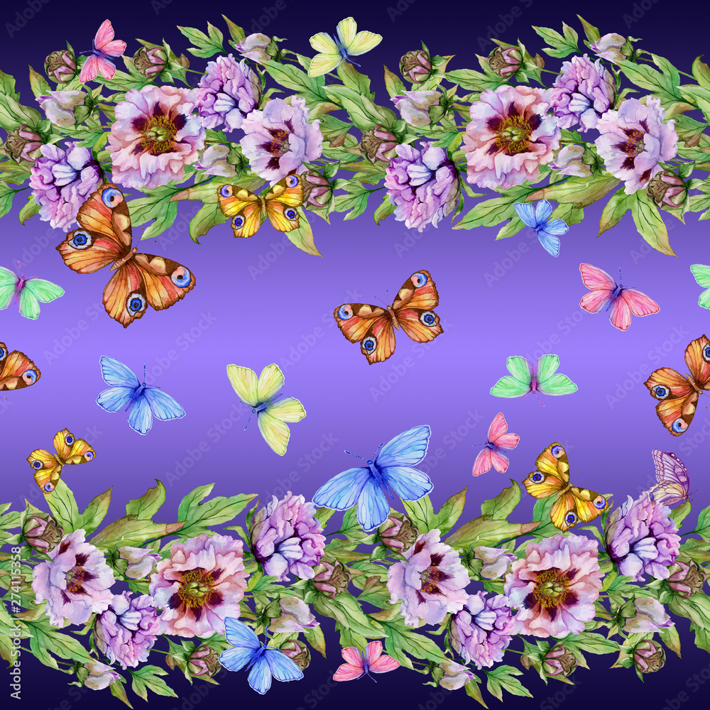 Beautiful peony flowers and butterflies on purple background. Seamless floral pattern, border. Watercolor painting. Hand painted illustration.