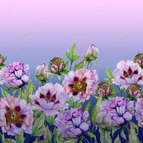 Beautiful peony flowers leaves on blue and pink gradient background. Seamless...