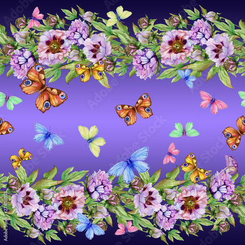 Beautiful peony flowers and butterflies on purple background. Seamless floral...
