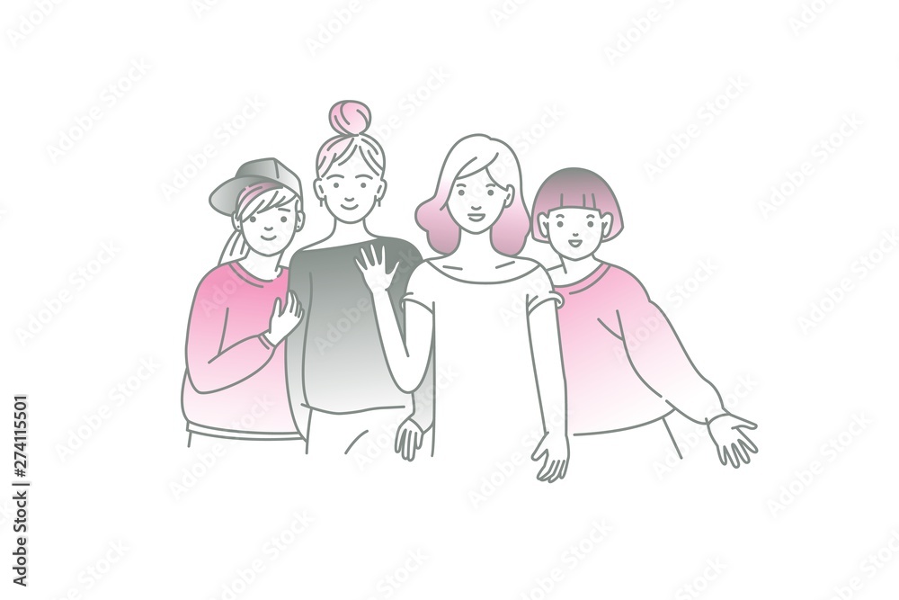 Group of smiling teenage girls, friends standing together, embracing each  other, waving hands. Happy students isolated on white background. artoon  vector illustration. Stock Vector | Adobe Stock
