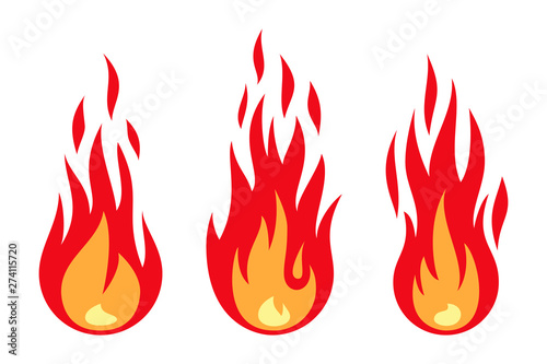 Fire flame set isolated on the white background. Different shapes flat style. Vector illustration.