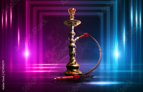 Hookah, smoke on a dark abstract background. Background of empty scenes with multicolored neon lights, reflection of night lights on wet pavement