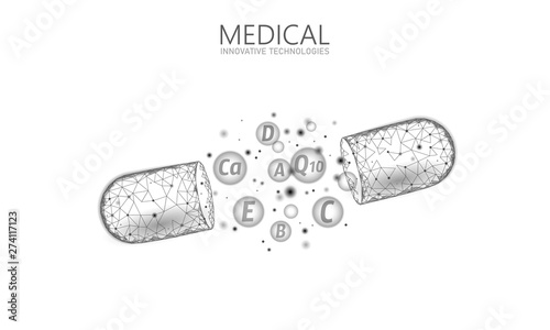 Multi vitamin complex low poly capsule. Health supplement skin care bodybuilding anti-aging pharmacy banner template. 3D coenzyme Q10, A, B, C, D. Medicine science vector illustration