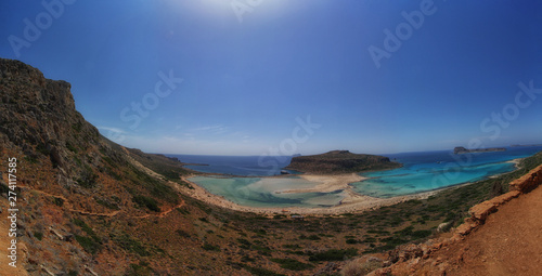 Aerial panoramic view of Balos beach on Crete island, Greece. Crystal clear water and white sand. Travel background