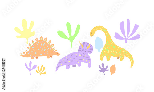 Dinosaur cartoon vector set. Dino flat handdrawn clipart. Prehistoric animals. Isolated cartoon illustration for kids game, book, t-shirt