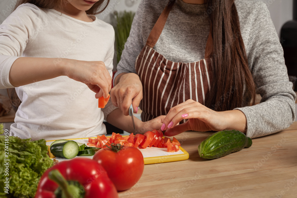 Mother and her daughter are making a vegetable salad and having fun at the kitchen. Mother and her daughter are making a vegetable salad and having fun at the kitchen.