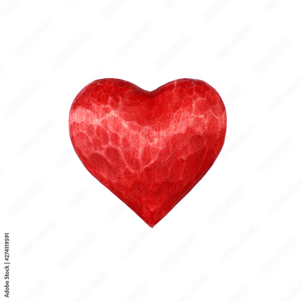 One red wooden carved heart isolated on white
