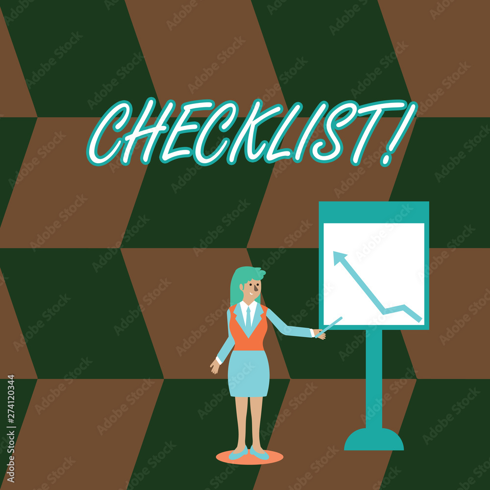 Word writing text Checklist. Business photo showcasing list items required things be done or points considered Businesswoman Holding Stick Pointing to Chart of Arrow Upward on Whiteboard