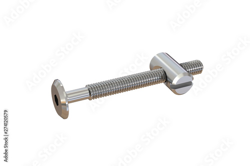 3D illustration. Flat head screw, with M6 thread, SW4 hexagon socket and Cross dowel M-Hole isolated on white background. Connection. Close up. Furniture hardware and fittings. 