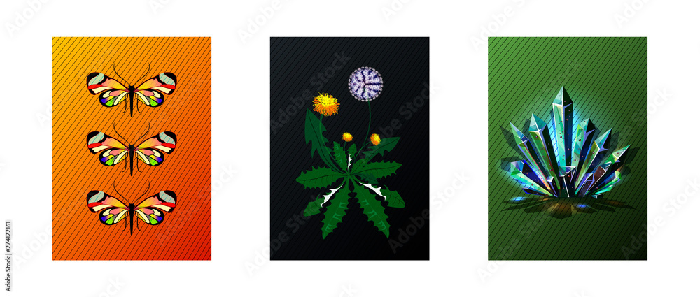 Set of isolated cards with different images: dandelion isolated on black, transparent wings butterflies orange, crystal on swamp color back. Images for graphic design, invitations, cards, posters Set of isolated cards with different images: dandelion isolated on black, transparent wings butterflies orange, crystal on swamp color back. Images for graphic design, invitations, cards, posters