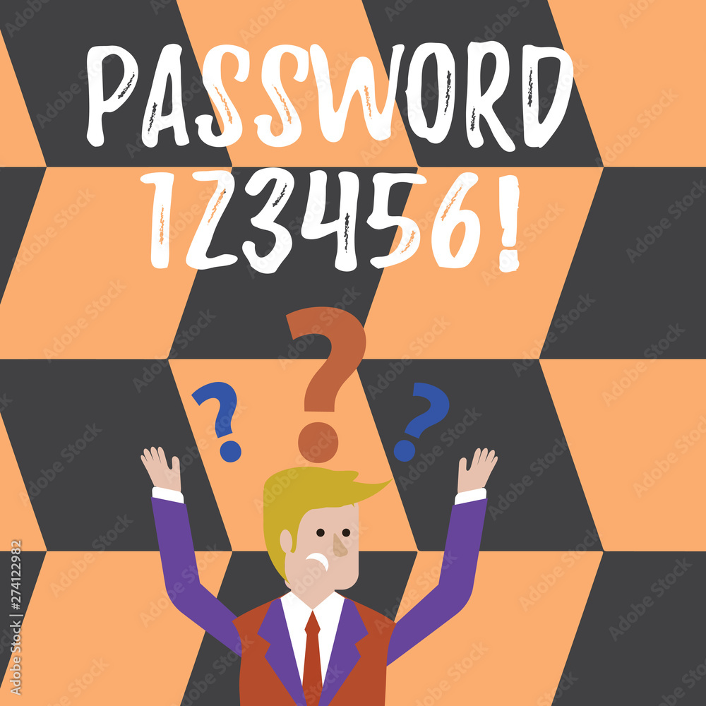 Word writing text Password 123456. Business photo showcasing secret word phrase must used gain admission to place Confused Businessman Raising Both Arms with Question Marks Above his Head Word writing text Password 123456. Business photo showcasing secret word phrase must used gain admission to place Confused Businessman Raising Both Arms with Question Marks Above his Head