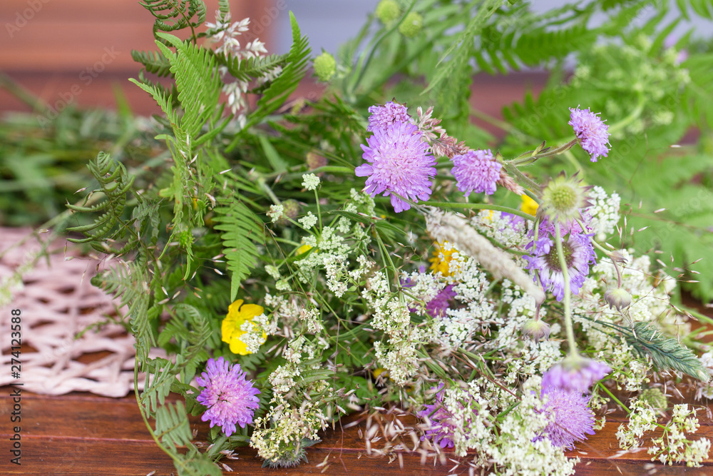 A bouquet of summer wild herbs and flowers in nature, the summer solstice. Summer sun celebration