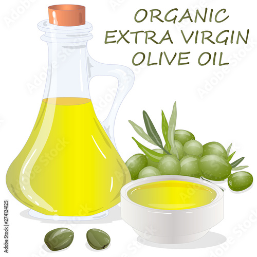 Premium virgin olive oil and some olives isolated on a white background. Vector illustration hand made.