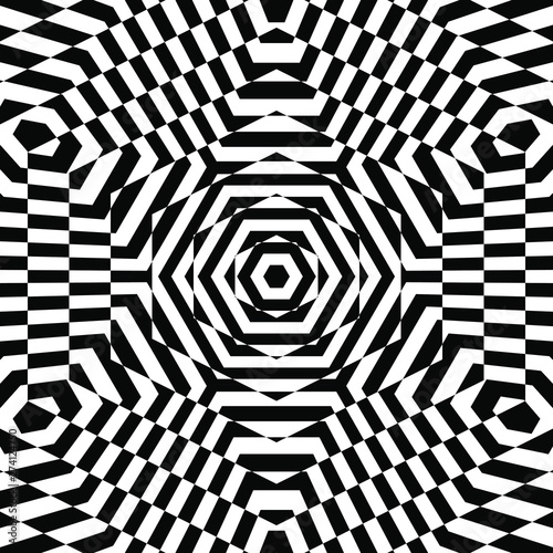 Abstract Black and White Geometric Pattern with Polygons. Contrasty Optical Psychedelic Illusion. Checkered Hexagonal Texture.