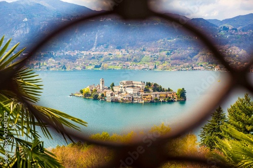 View of San Giulio island at Lake Orta, Piedmont, Italy photo