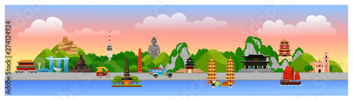 Horizontal panoramic postcard of asian famous landmarks. Summer travel, adventure, vacation. Modern flat vector illustration.