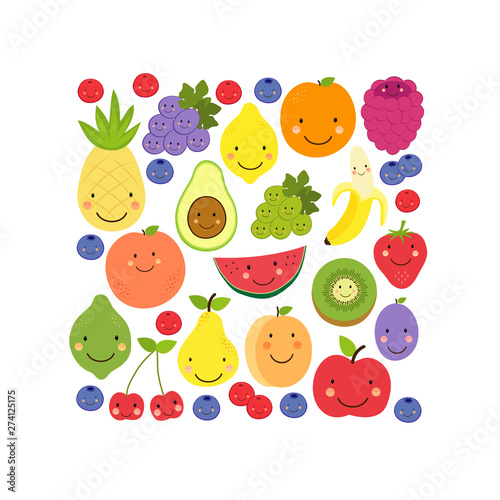 Fototapeta Naklejka Na Ścianę i Meble -  Cute Fruit Paradise background with various fruit characters