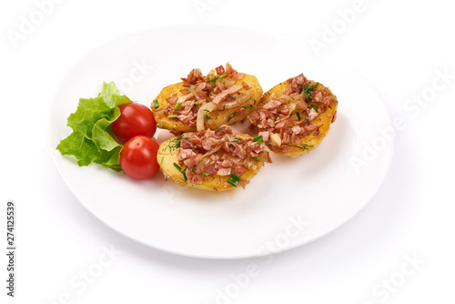 Baked loaded potatoes with bacon, close-up, isolated on white background