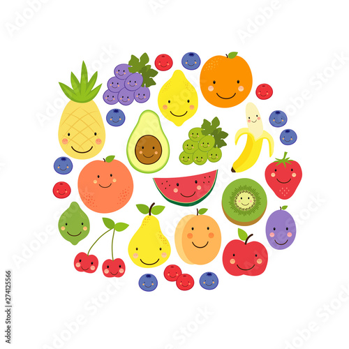 Cute Fruit Paradise background with various fruit characters
