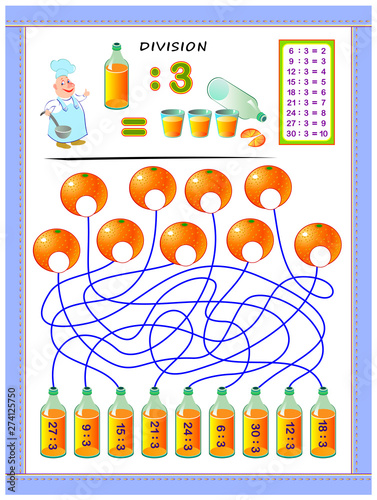 Exercises for kids with division table by number 3. Solve examples and write answers on oranges. Educational page for mathematics baby book. Printable worksheet for children textbook. Back to school.