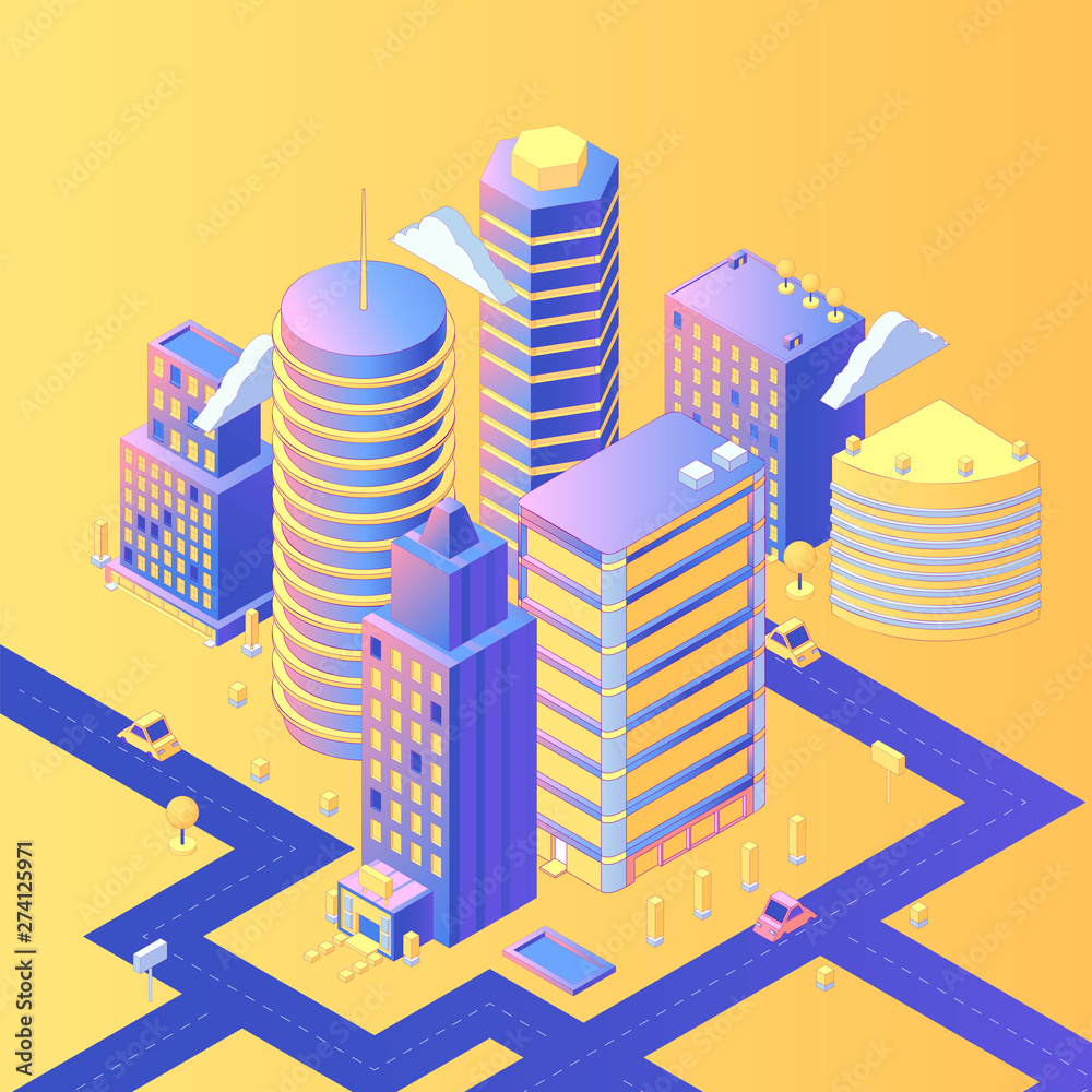 Futuristic city isometric vector illustration