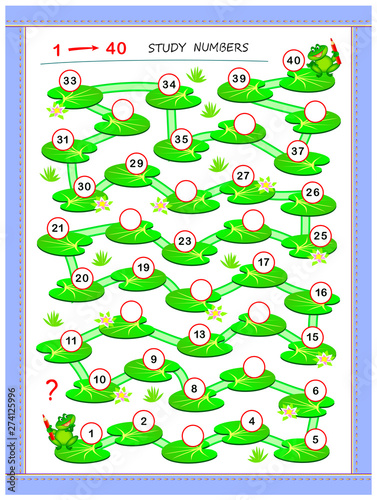 Educational page for baby book. Study count from 1 till 40. Write the missing numbers in empty circles. Printable worksheet for kids textbook. Development counting skills. Back to school.