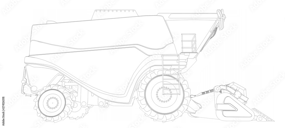 Industrial 3D illustration of thin contoured, detailed 3D model of huge rural agricultural combine harvester on white, farming equipment research concept