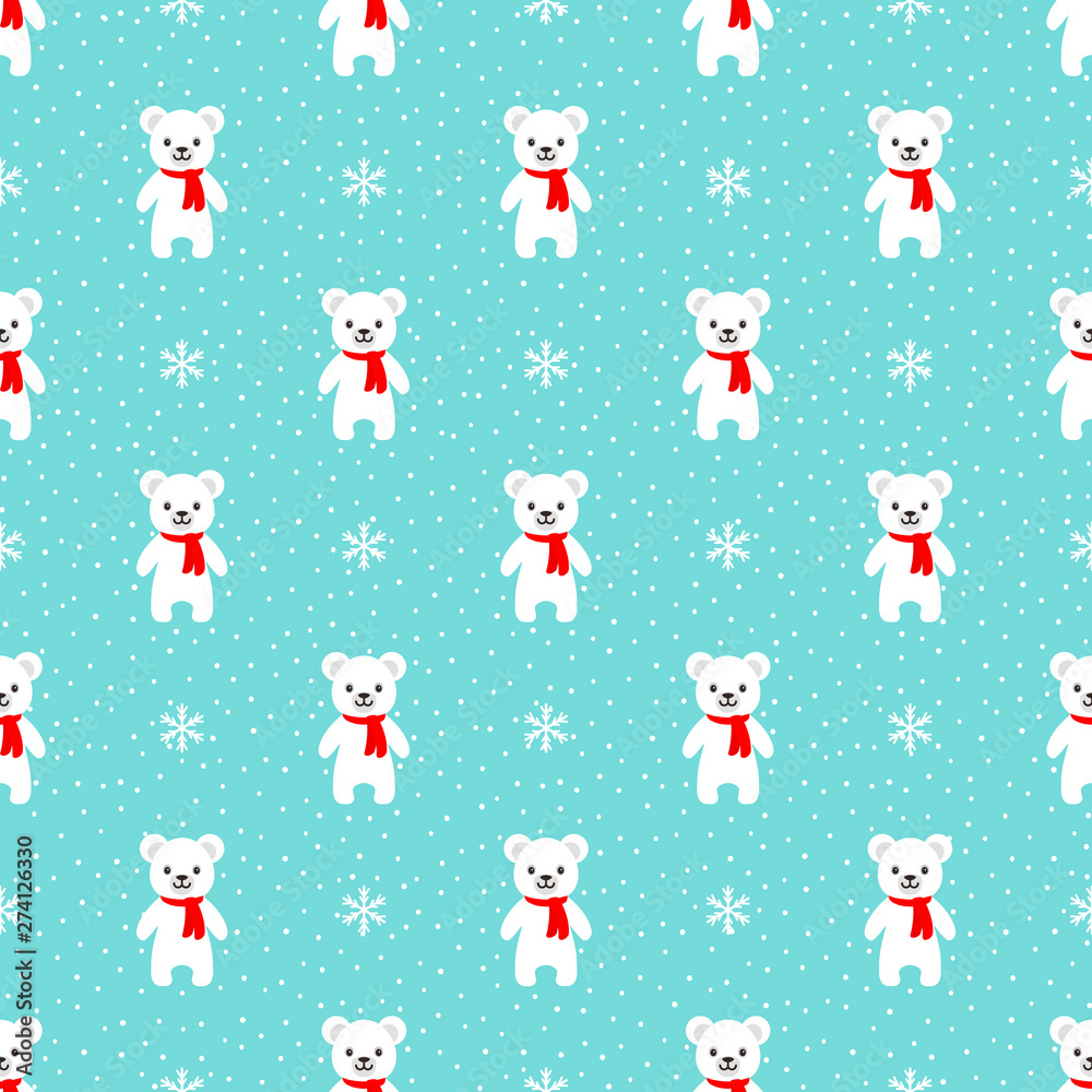 Christmas seamless pattern. Smiling little bear under snowfall. Colorful background with cute bear, snowflakes and dots. Endless texture for wallpaper, web page, wrapping paper and etc. Flat style. Christmas seamless pattern. Smiling little bear under snowfall. Colorful background with cute bear, snowflakes and dots. Endless texture for wallpaper, web page, wrapping paper and etc. Flat style.