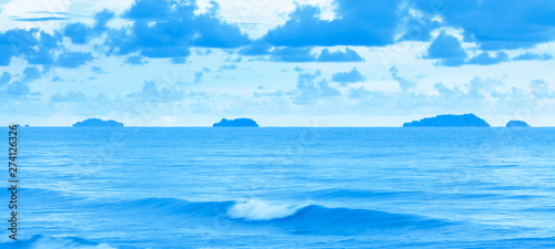 Panoramic tranquil blue ocean after stormy days.