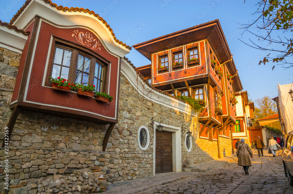 Beautiful street in medieval part of the city Plovdiv, Bulgaria - obrazy, fototapety, plakaty 