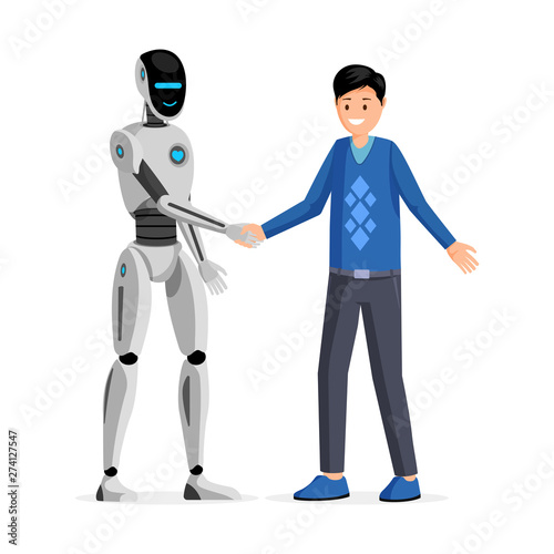 Man and robot handshake flat vector illustration. Cheerful guy and friendly humanoid cyborg shaking hands. Futuristic artificial intelligence technology, ai communication, greeting