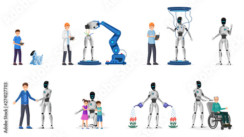 Robotic technology flat vector illustrations set. Cyborgs, adults and children characters. Futuristic technology in everyday life, kid plays with artificial dog, droid gardener, babysitter