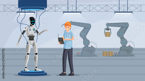 Robot testing process flat vector illustration. Cheerful tester in hard hat holding electronic device character. Futuristic droid factory, technology quality control, machine programming