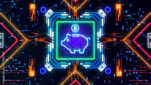 Piggy bank with bitcoin currency symbol on abstract glitch neon background
