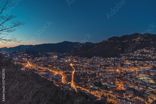 The city of Como by night from Baradello Castle