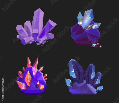 Set of isolated light violet stones and cristals for gui, isolated minerals for casual game design, rocks on black background