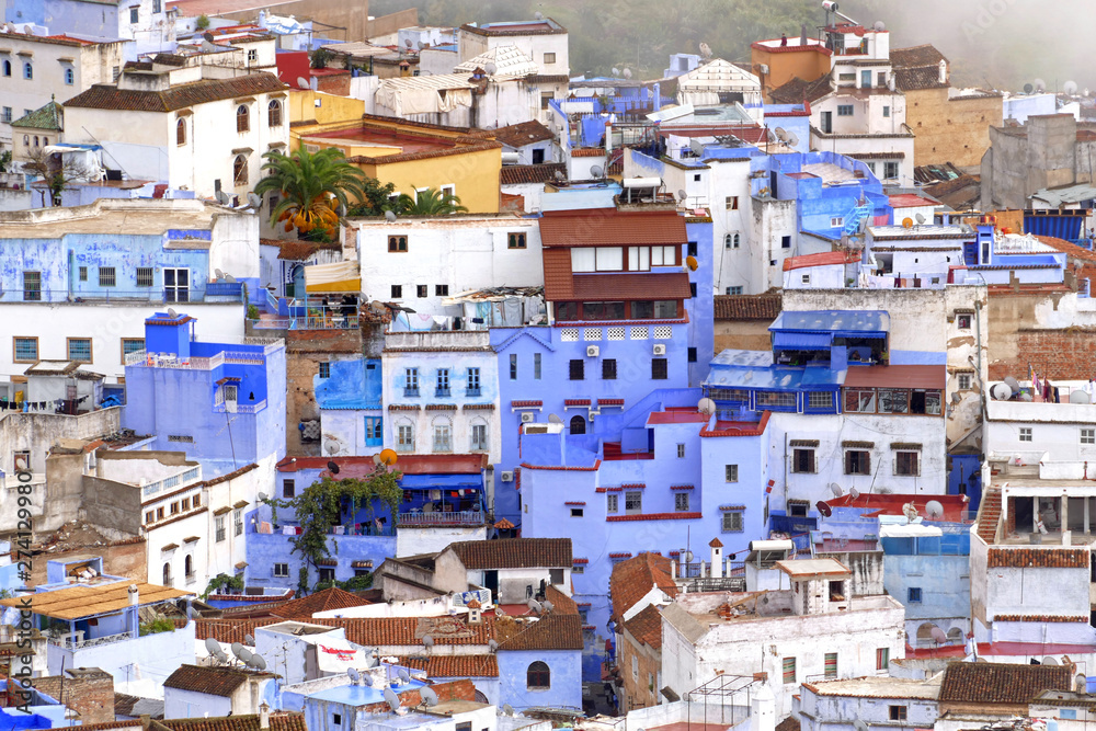 Beautiful view on the colorful houses in the medina of the blue city of Chefchaoen, Morocco, Africa