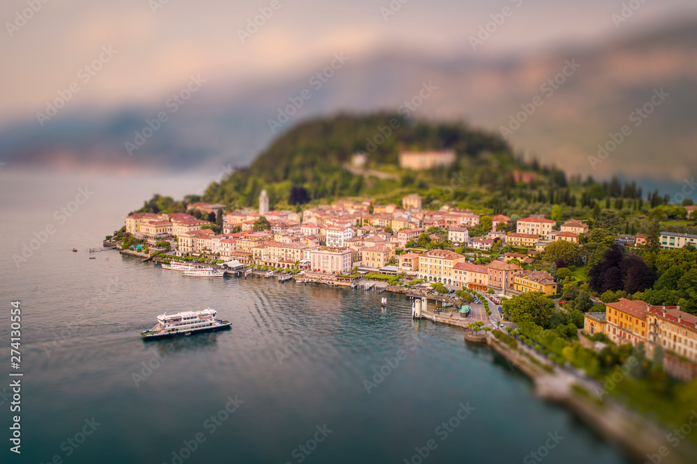 Tilt Shift aerial shot of Bellagio on Lake Como with a ferry boat