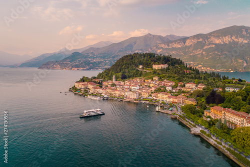 Aerial shot of Bellagio on Lake Como with a ferry boat