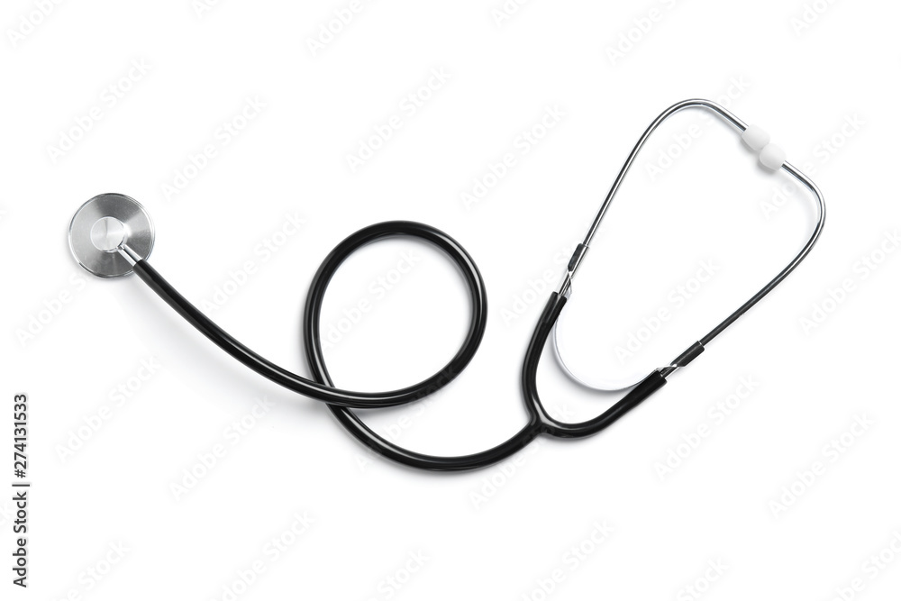 Stethoscope isolated on white, top view. Medical tool Stethoscope isolated on white, top view. Medical tool