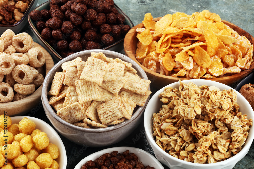 Cereal. Bowls of various cereals for breakfast. Muesli with kids cereals. Cereal. Bowls of various cereals for breakfast. Muesli with kids cereals.