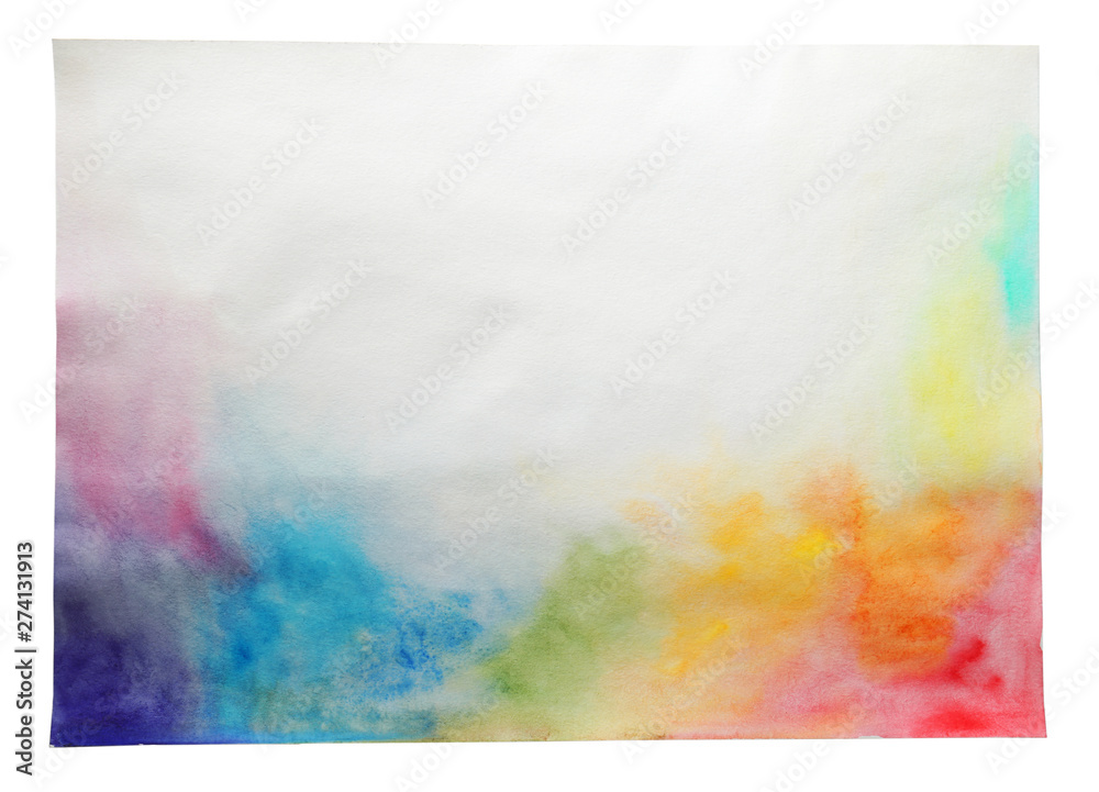 Sheet of paper with colorful paints on white background